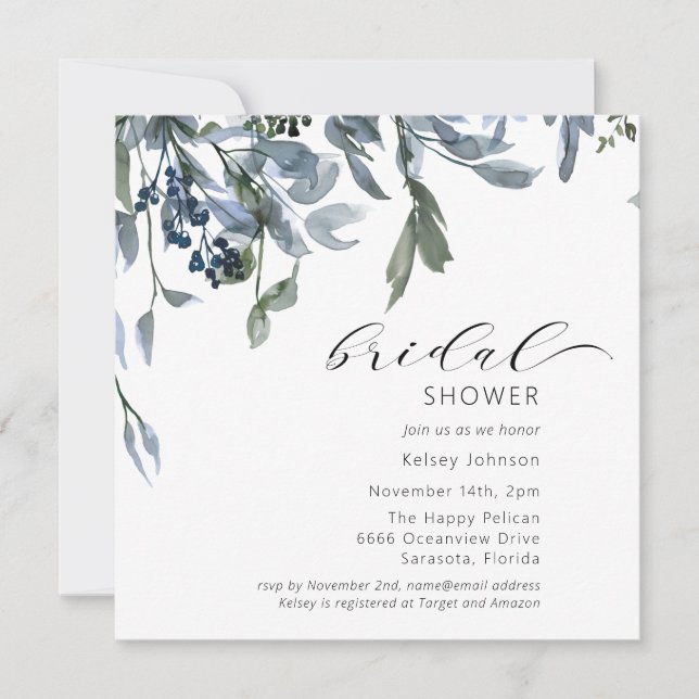 Invitación Acuarela Dusty Blue Floral Bridal Shower (Anverso)