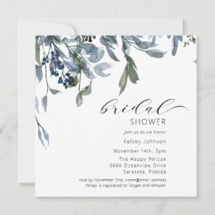Invitación Acuarela Dusty Blue Floral Bridal Shower