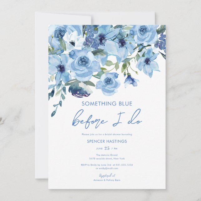 Invitación Acuarela Dusty Blue Floral Bridal Shower (Anverso)