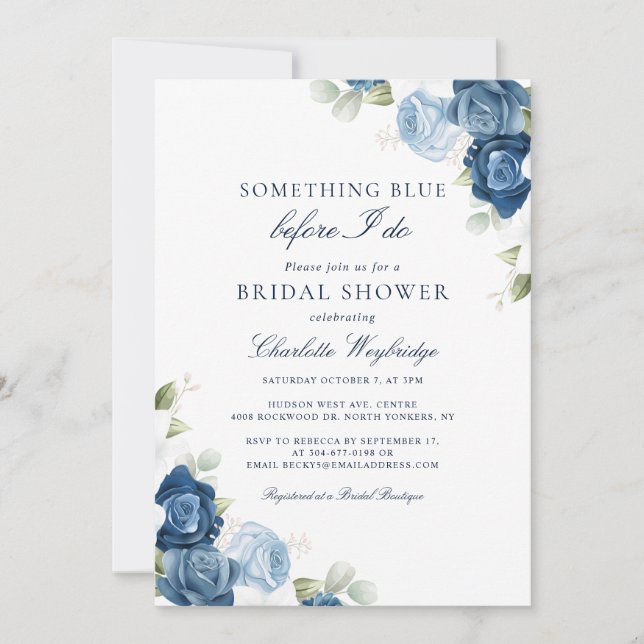 Invitación Acuarela Dusty Blue Floral Bridal Shower (Anverso)