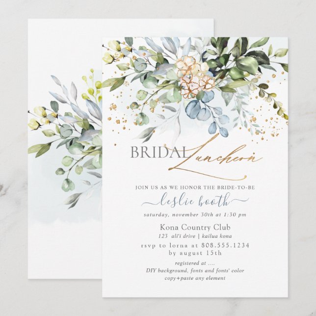 Invitación Acuarela Dusty Blue Gum Eucalyptus Bridal Shower (Anverso / Reverso)