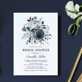 Invitación Acuarela Dusty Blue Navy Floral Bridal Shower