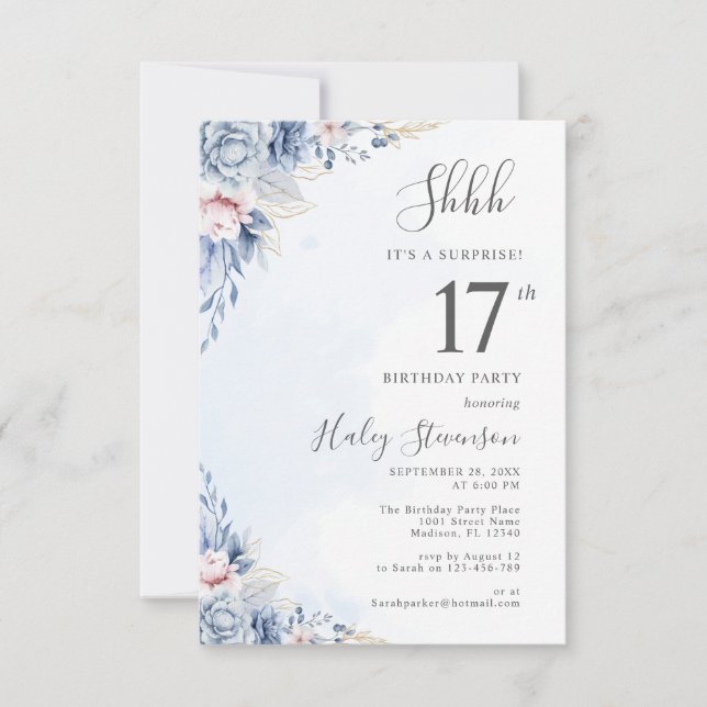 Invitación Acuarela Dusty Blue Surprise 17th Birthday Party (Anverso)