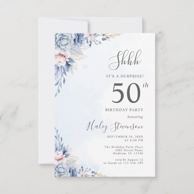Invitación Acuarela Dusty Blue Surprise Fiesta 50 de Cumpleañ (Anverso)