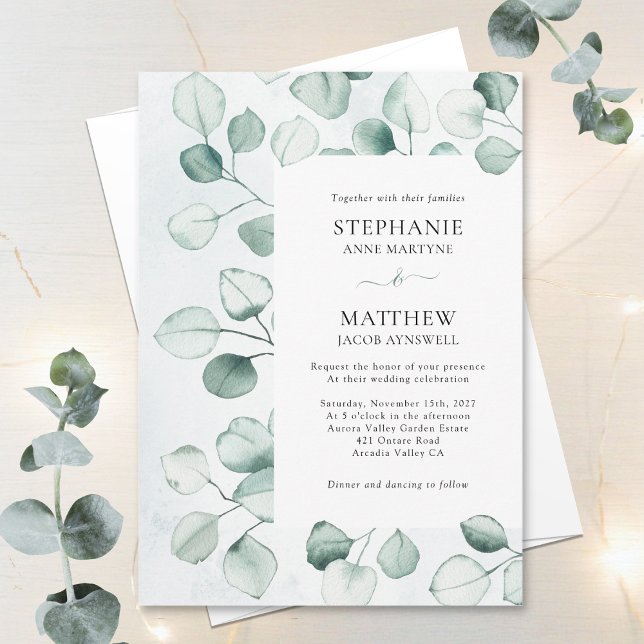Invitación Acuarela Dusty Eucalyptus deja Boda fronterizo (Subido por el creador)