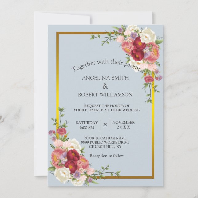 Invitación Acuarela Dusty Gris Dorado Rubor Peach Floral (Anverso)
