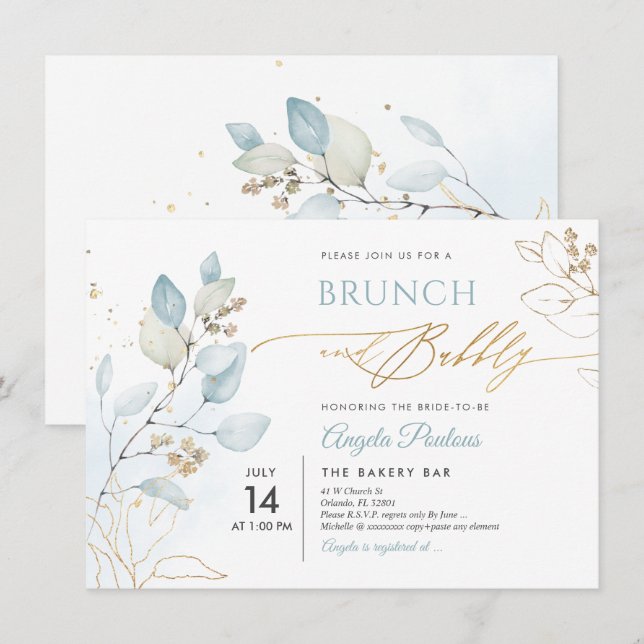 Invitación Acuarela Dusty Gum Azul Eucalyptus Brunch Bubbly (Anverso / Reverso)