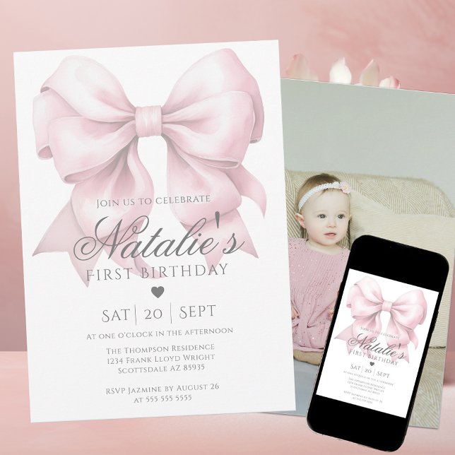 Invitación Acuarela Dusty Pink Bow Foto Primer Fiesta de cump (Subido por el creador)