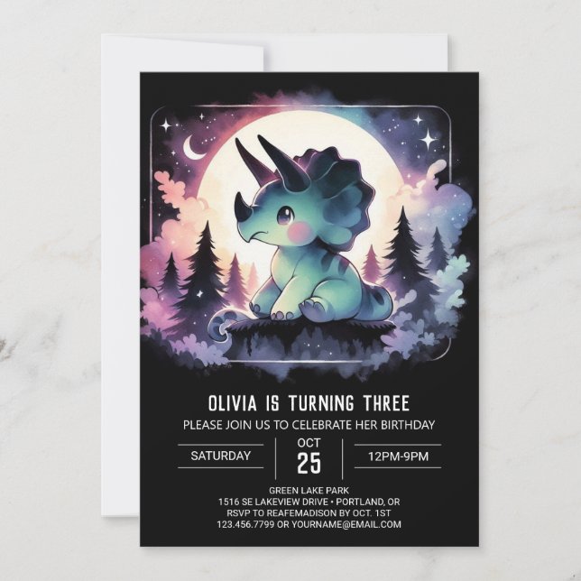 Invitación Acuarela Editable Triceratops Cumpleaños (Anverso)