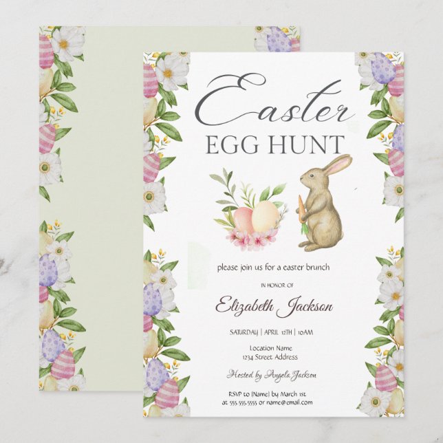 Invitación Acuarela Eegs Bunny Flores Brunch & Bubbly (Anverso / Reverso)