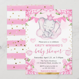 Invitación Acuarela Elefante Lindo y Rosas Rosadas Baby Showe