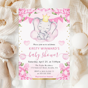 Invitación Acuarela Elefante Lindo y Rosas Rosadas Baby Showe