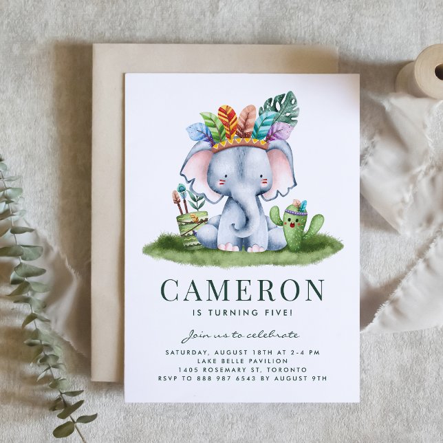 Invitación Acuarela Elefante Tribal Tema Safari Cumpleaños (This watercolor elephant invitation is the perfect for a jungle, tribal, or safari-themed birthdays.)