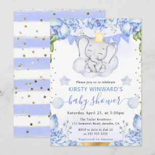 Invitación Acuarela Elefante y Rosas Azules Baby Shower