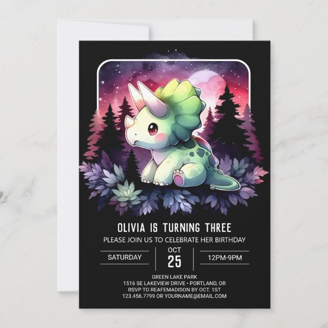 Invitación Acuarela Elegancia Triceratops Cumpleaños (Anverso)