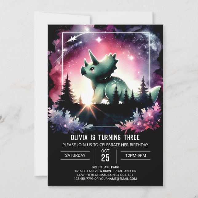 Invitación Acuarela Elegancia Triceratops Cumpleaños (Anverso)