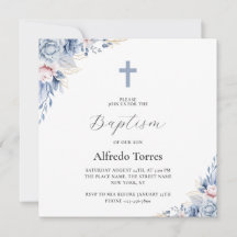 Acuarela Elegante Bautizo Floral Azul Polvoriento 