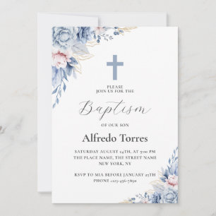 Invitación Acuarela Elegante Bautizo Floral Azul Polvoriento
