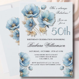 Invitación Acuarela Elegante Blue Gold Floral 50 cumpleaños