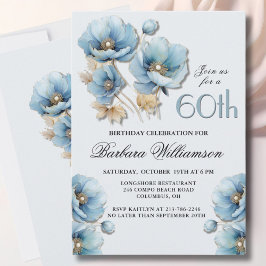 Invitación Acuarela Elegante Blue Gold Floral 60 cumpleaños