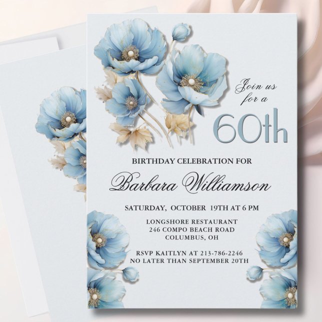 Invitación Acuarela Elegante Blue Gold Floral 60 cumpleaños (Subido por el creador)