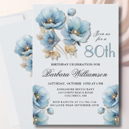 Invitación Acuarela Elegante Blue Gold Floral 80 cumpleaños