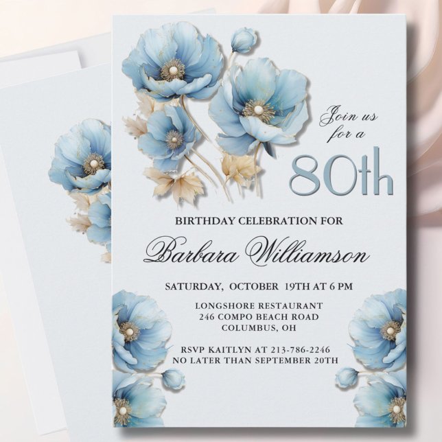 Invitación Acuarela Elegante Blue Gold Floral 80 cumpleaños (Subido por el creador)