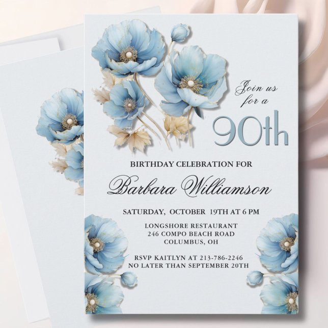 Invitación Acuarela Elegante Blue Gold Floral 90 cumpleaños (Subido por el creador)