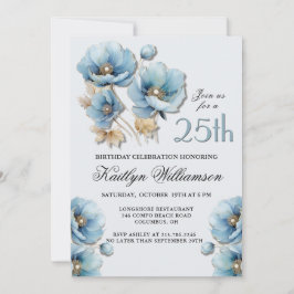 Invitación Acuarela Elegante Cumpleaños 25 Azul Oro Floral
