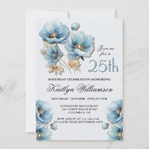 Invitación Acuarela Elegante Cumpleaños 25 Azul Oro Floral