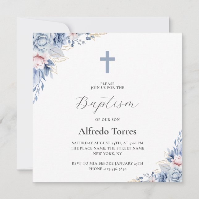 Invitación Acuarela Elegante Dusty Azul Floral Baptismo Bebé (Anverso)