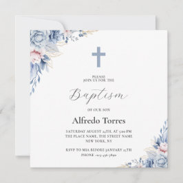 Invitación Acuarela Elegante Dusty Azul Floral Baptismo Bebé