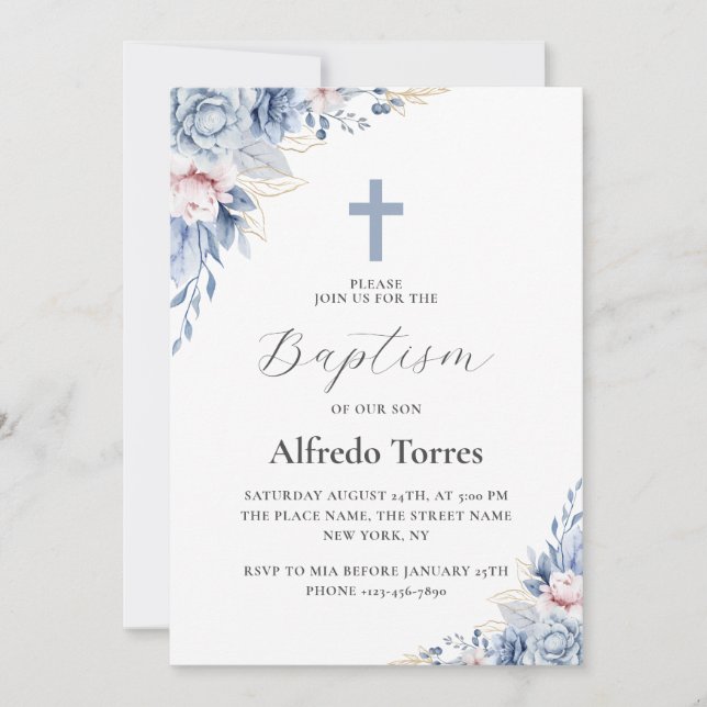 Invitación Acuarela Elegante Dusty Azul Floral Baptismo Bebé (Anverso)