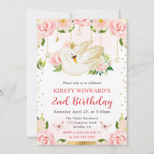 Invitación Acuarela Elegante Floral Cisne Cumpleaños