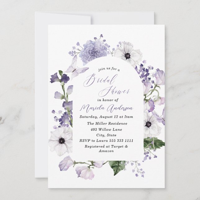 Invitación Acuarela Elegante Flores Lilac Ducha Bridal (Anverso)