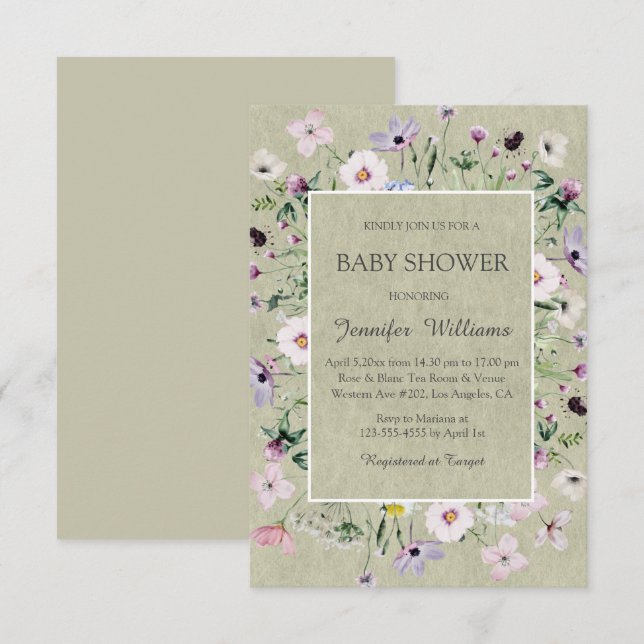 Invitación acuarela elegante flores silvestres verde bebé (Anverso / Reverso)