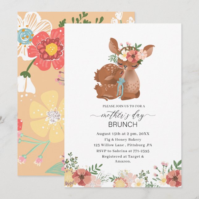 Invitación Acuarela Elegante Madre es brunch día bebé showe (Anverso / Reverso)