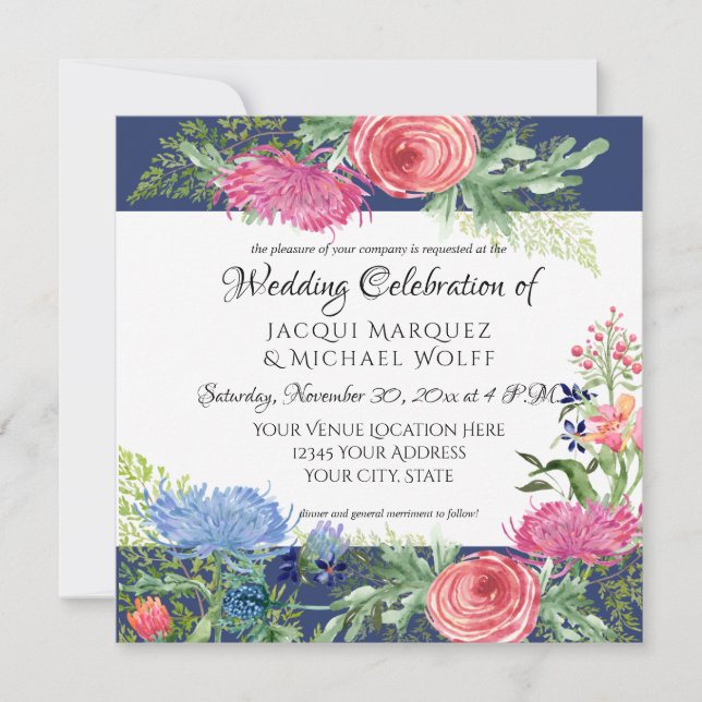 Invitación Acuarela Elegante Navy Azul en Floral de helecho r (Anverso)