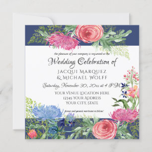 Invitación Acuarela Elegante Navy Azul en Floral de helecho r