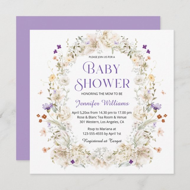 Invitación acuarela elegante púrpura ducha de bebé botánico (Anverso / Reverso)