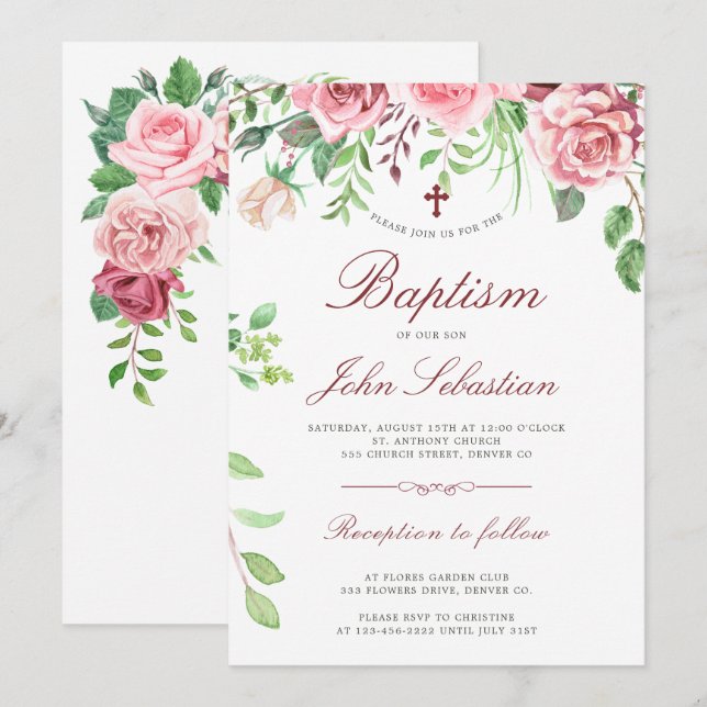 Invitación Acuarela Elegante Rosa Rosa Rosa Rosa Baptismo Jar (Anverso / Reverso)