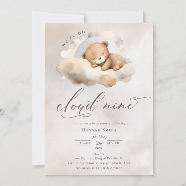 Invitación Acuarela En El Baby Shower De Cloud 9 (Anverso)