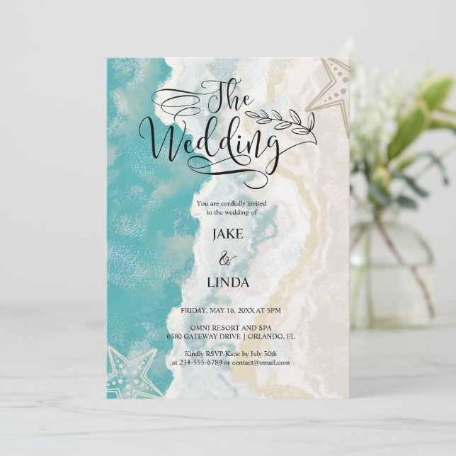 Invitación Acuarela En El Boda De Las Ondas De La Playa (Anverso de pie)