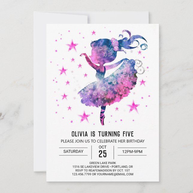 Invitación Acuarela encantada Ballerina Cumpleaños (Anverso)
