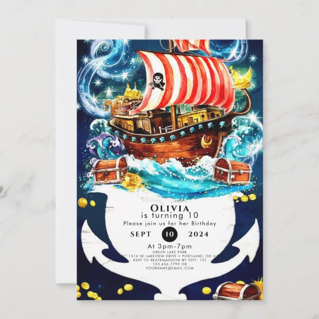 Invitación Acuarela encantada Barco Pirata Cumpleaños (Anverso)