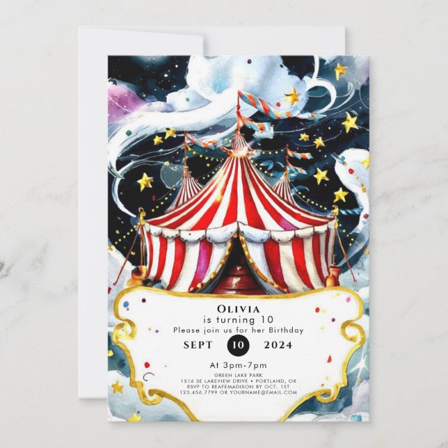 Invitación Acuarela encantada Circo Cumpleaños (Anverso)