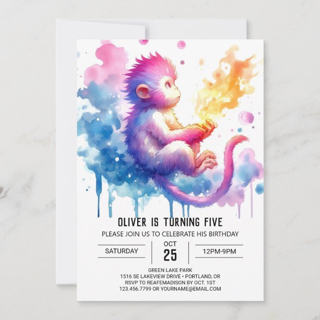Invitación Acuarela Encantada Cumpleaños de los Monos (Anverso)