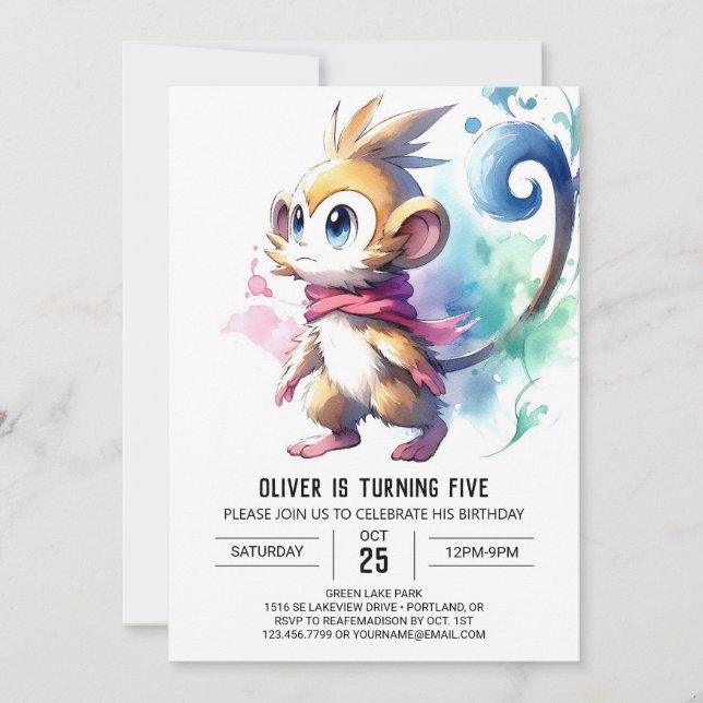 Invitación Acuarela Encantada Cumpleaños de los Monos (Anverso)