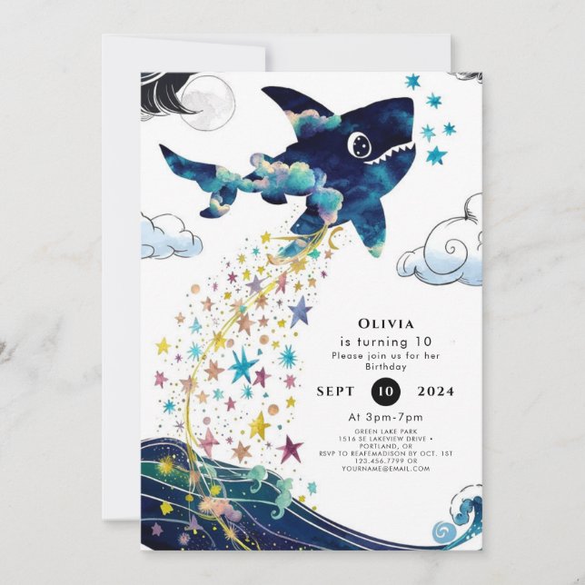 Invitación Acuarela encantada Deepsea Sharthday (Anverso)