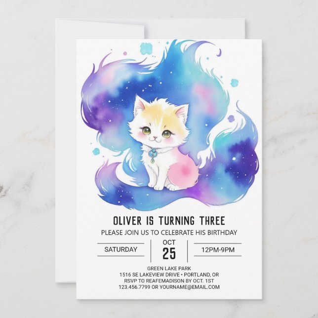 Invitación Acuarela encantada Kitty Birthday (Anverso)